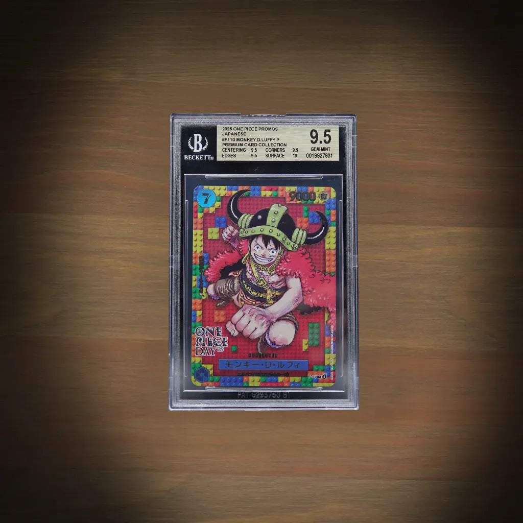 Monkey D. Luffy P-110 One Piece Day ’25 Promo japanisch BGS 9.5 mit Elbaf-Bausteinmotiv