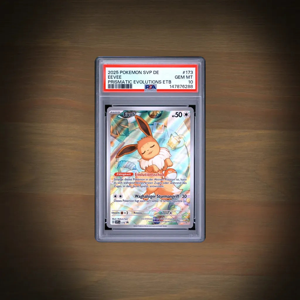 Pokemon Evoli SVP 173 Prismatische Entwicklungen Top-Trainer-Box PSA 10 Deutsch Vorderseite