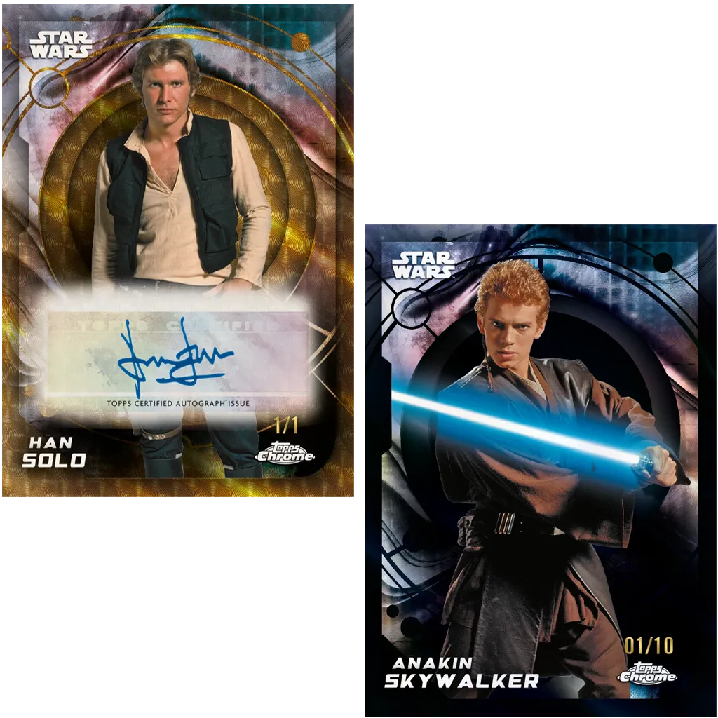 Han Solo 1-of-1 Autogramm und Anakin Skywalker nummerierte Topps Chrome Karten