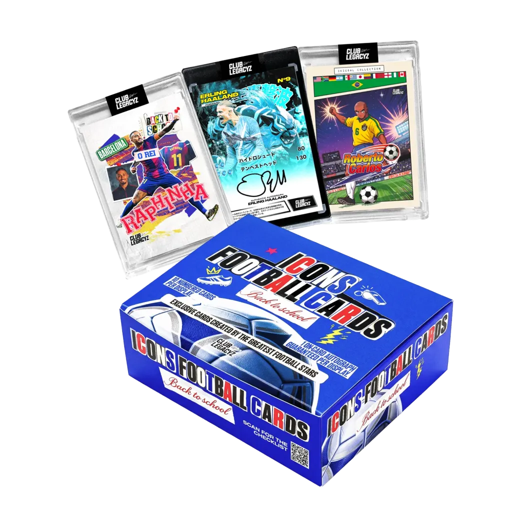 Club Legacyz Icons 5 Back to School Display mit Haaland Raphinha und Roberto Carlos Beispielkarten
