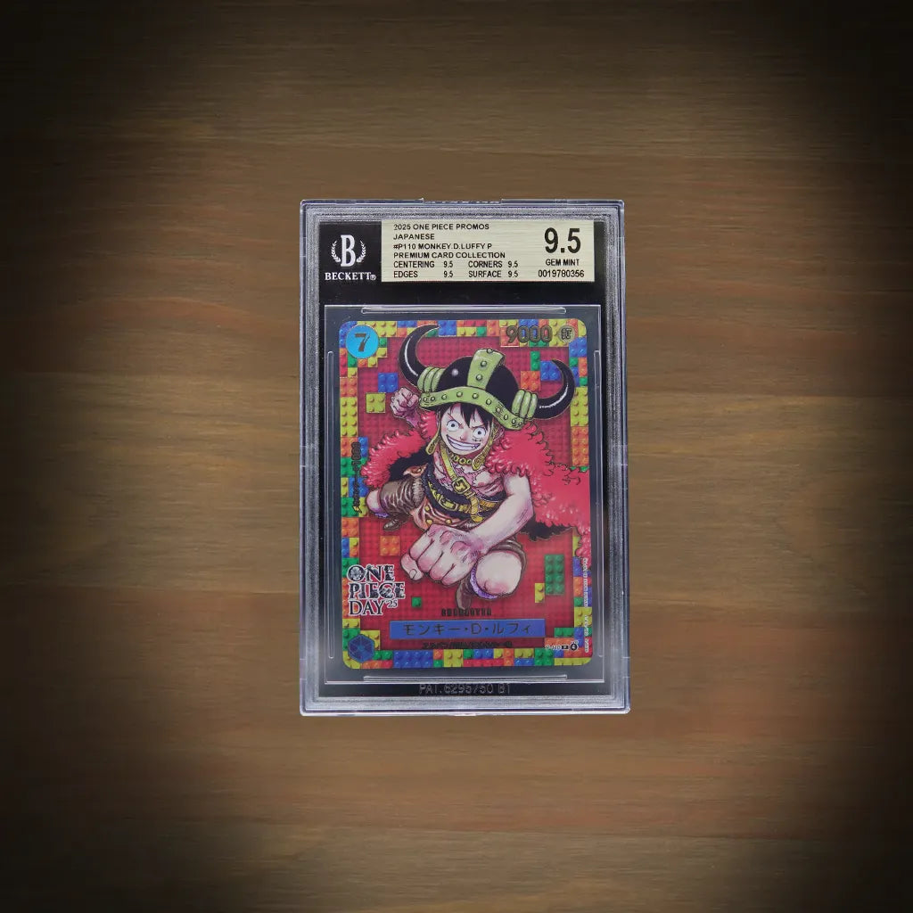 Monkey D. Luffy P-110 One Piece Day ’25 Promo japanisch BGS 9.5 mit Elbaf-Bausteinmotiv