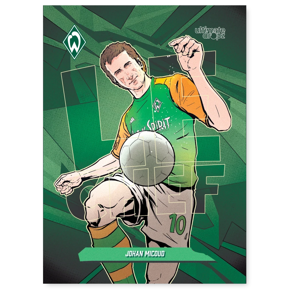 SV Werder Bremen Trading Card 100 Jahre Weserstadion – Deichhelden Johan Micoud Comic-Illustration mit Ball