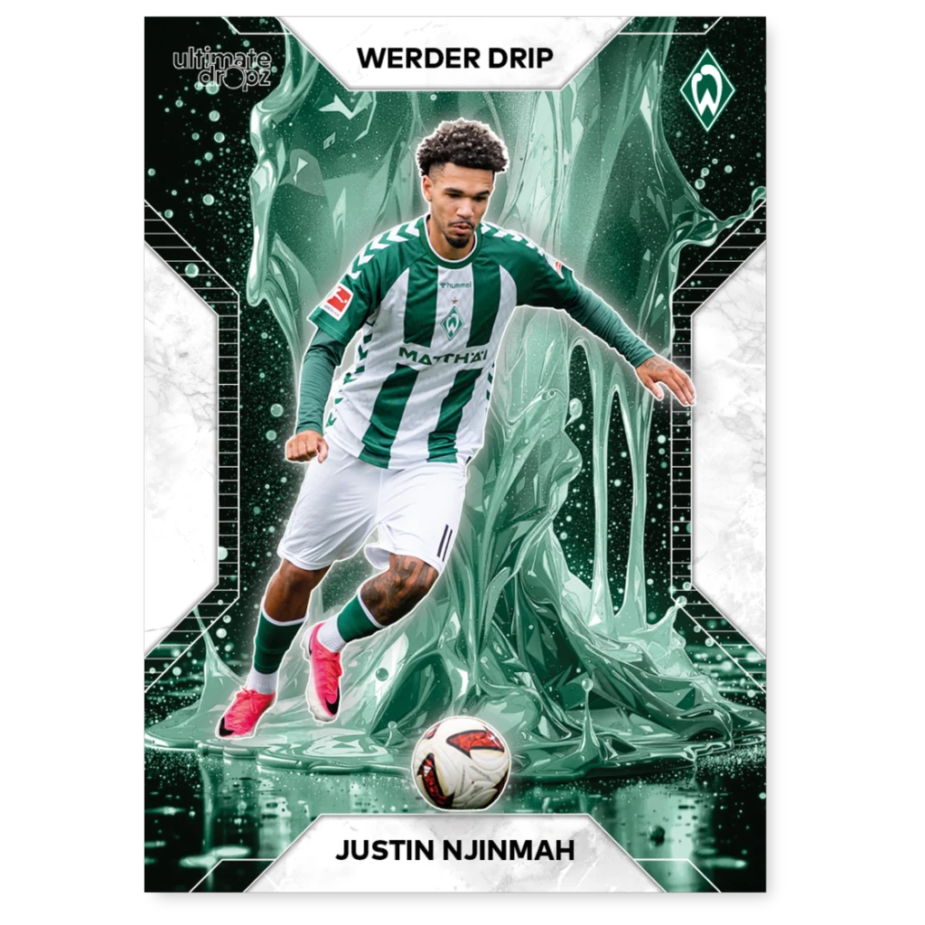 SV Werder Bremen Trading Card 100 Jahre Weserstadion – Werder Drip Insert Justin Njinmah am Ball