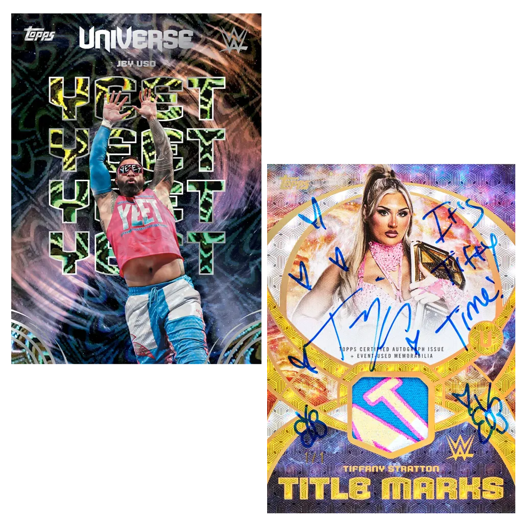 1. Jey Uso und Tiffany Stratton Karten aus Topps 2026 WWE Universe