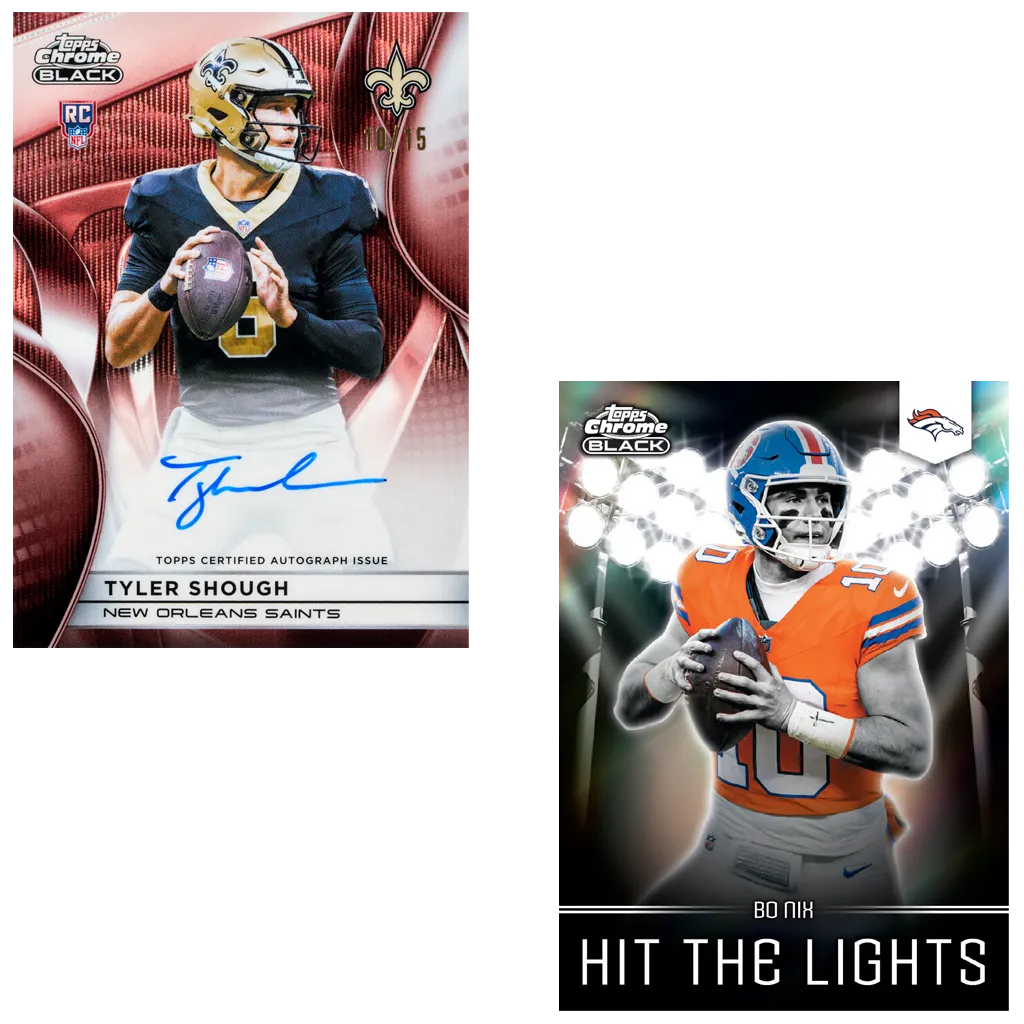 Topps Chrome Black Football 2025 Tyler Shough Autogramm und Bo Nix Hit the Lights Insert