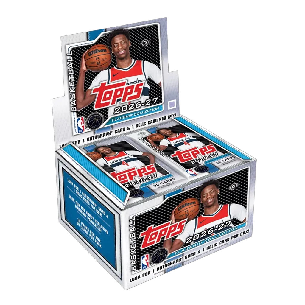 Topps 2026-27 Flagship Basketball Jumbo Hobby Box geöffnet mit 10 Boostern à 28 Karten und NBA-Spieler auf der Verpackung