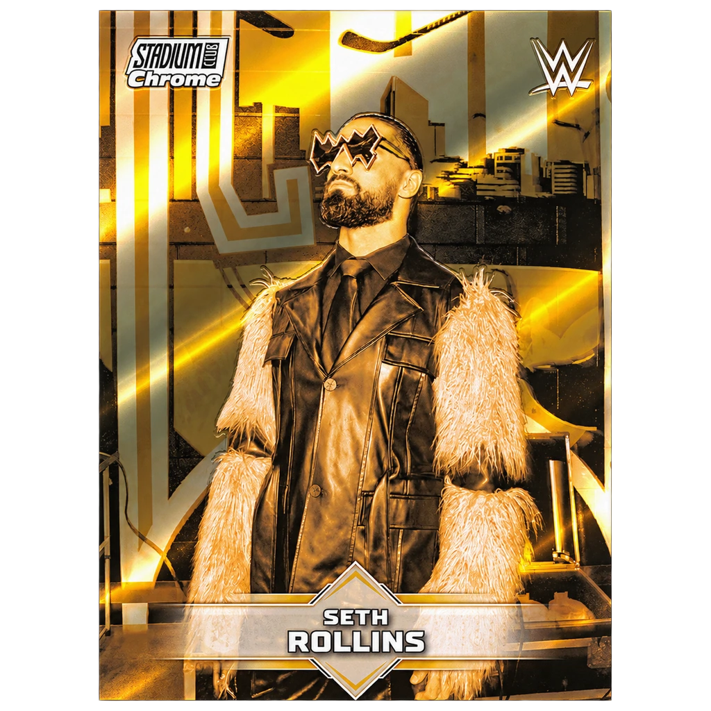 Topps 2026 WWE Stadium Club Chrome Seth Rollins Gold Refractor, Beispielkarte aus dem Set